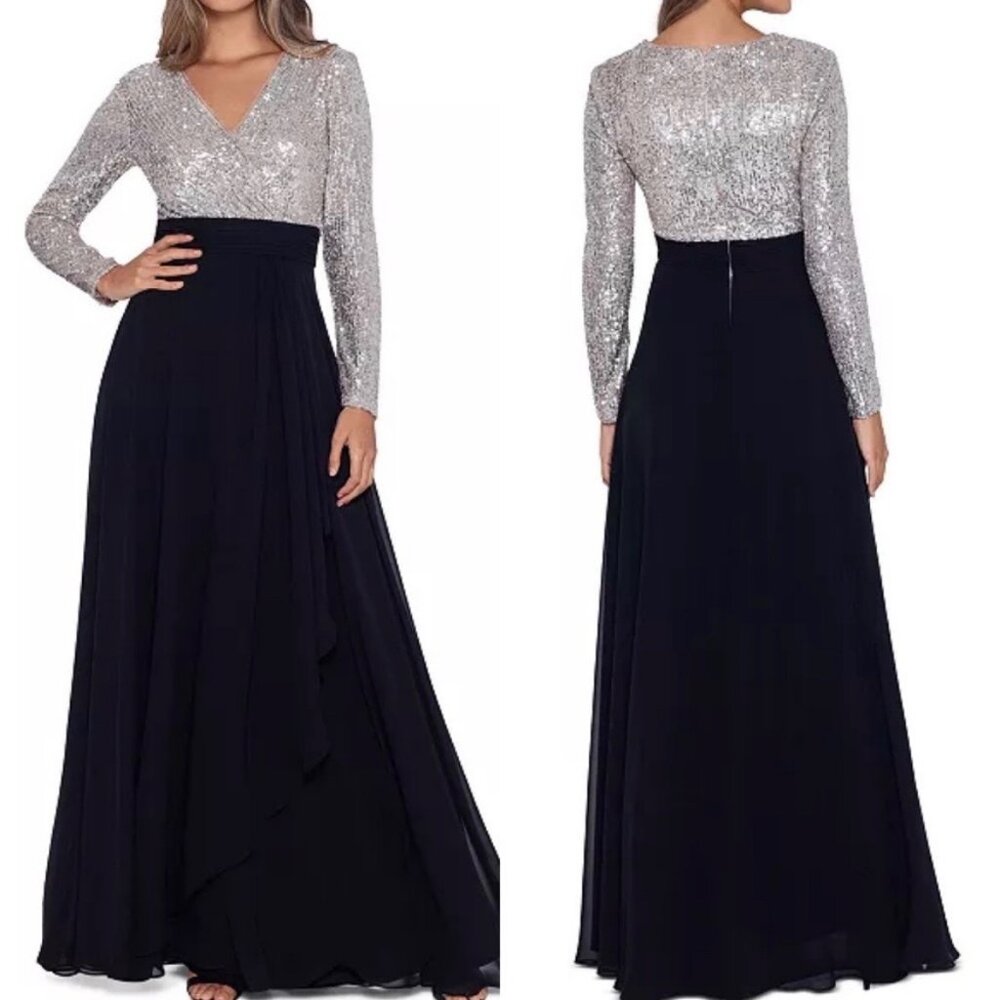 Xscape Silver Sequin Bodice Black Chiffon Skirt Evening Gown